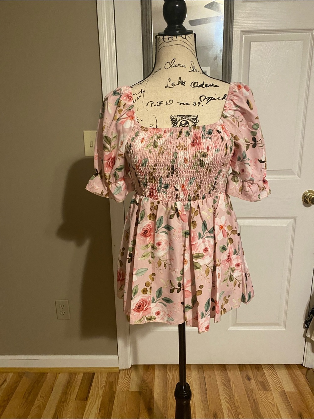 Pink Floral Smocked Peplum Tunic with Puff Sleeves
